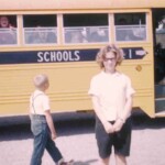 Sharon Sadler pauses in front of the bus in September of 1964.