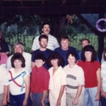 1996 Ferguson Reunion at Bronston. 1st Row L to R : Barbara Farmer, Evelyn Taylor, Lana Hardwick Cooper, Barbara Hall, Linda Burton Whitaker, Nellie Goff Richardson, Joetta Whitaker Kennedy, Sharon Denny Clines. 2nd Row: Charlie Tucker, Coach Woody Gosser, Donnie Gibson, David Meece, Mike Richardson (partially obscured), Lonnie Girdler. 3rd Row: Charlotte Wood Tucker, Eddie Bill Ping. Ferguson School Archives - Students