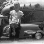 Larry Stephens and Sammy Bell enjoy the 1960 field trip to Cumberland Falls. This 1952 Chevy school bus lasted through three engines and 450,000 miles, hauling students every day plus field trips and basketball road trips. State regulations did not allow buses to be used beyond that.