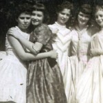 Five honeys pose after a 1960 slumber party. From Left: Sharlene Barnes Eldridge, Barbara Meece Schoolcraft, Debby Hancock Clark, Arlene Roy, and Marlyn Cooper Durham. Slumber parties were almost a weekly event.