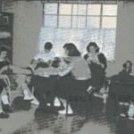 Home Economics Class. Many of these older photos were made with a type of film called tintype, which were fine when first made, but do not hold up well over time and do not scan well into a computer. Here the girls can be seen hard at work at their sewing machines. L to R Carley Mayfield, Shirley Colyer, Linda Hodge, and Lois Ann Fisher. At sewing machines L to R are Marsha Haney and Geraldine Miller.