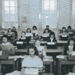 Typing Class. 1st Row L to R Marlene Hodge, ?, ?. 2nd Row L to R Sandra Meece, Lida Jones, Darlene Maiden, Norma Galloway. 3rd Row L to R Judy Chitwood, ?, Peggy Sears. 4th Row L to R Sue Guy, ?, ?, Jerry Meece. 5th Row L to R Carolyn Love, ?, James Nelson, ?.
Mostly girls took typing in hopes of landing jobs as typists, secretaries and executive secretaries after graduation. Before the computer, all businesses had to maintain skilled typists, who could type over 100 words a minute without any errors. Competitions were held for speed and accuracy. Girls had to learn to maintain their typewriters and manipulate mimeo and ditto masters and other devices. As the school's major sponsor, the Southern Railroad hired the top four or five girls every year for its own secretarial pool in the 30s, 40s and early 50s.
