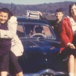 Ain't Love Grand? On the left are Jimmy Young and Peggy Cope. On the right are Edna Caldwell and Jimmy Cundiff. Holding the license plate over the car is Gordon Blevins. This is the same 1950 nightmist blue Shoebox Ford that appears in several other photos. By this time, October 1959, it was eight years old and not as large or plush as the newer cars some Ferguson kids drove. It came without a radio, power brakes or power steering. It was available only in a three speed stick shift. The girls considered it difficult to drive. But it was still the fastest and best handling on back roads and a lot of guys kept watching the used car lots, hoping to buy one.