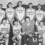 The 1965-66 Ferguson Varsity. Kneeling from left : Cecil Phelps, Mike Richardson, Coach David Cowan, Jackie Linville and Larry Duncan. Standing from left Jerry Peters, Paul Stephens, Harry Cummins, Malcolm Luttrell, Richard Dykes, Donnie Gibson, Bobby Cundiff and Don Minton.
This team was famous but disappointing. It was the tallest basketball team in Kentucky, high school or college. Western Kentucky University reached the regional finals before losing a one point game to Michigan, and the University of Kentucky reached the national championship game before losing to Texas Western, and position by position this team was taller than either of them. But Ferguson frustrated its fans with a 16-15 finish and did not even make the district finals. At the conclusion of the season David Cowan retired from coaching and accepted a job teaching Physical Education at Pulaski County High School. The 1965-66 Ferguson Varsity. Kneeling from left : Cecil Phelps, Mike Richardson, Coach David Cowan, Jackie Linville and Larry Duncan. Standing from left Jerry Peters, Paul Stephens, Harry Cummins, Malcolm Luttrell, Richard Dykes, Donnie Gibson, Bobby Cundiff and Don Minton. This team was famous but disappointing. It was the tallest basketball team in Kentucky, high school or college. Western Kentucky University reached the regional finals before losing a one point game to Michigan, and the University of Kentucky reached the national championship game before losing to Texas Western, and position by position this team was taller than either of them. But Ferguson frustrated its fans with a 16-15 finish and did not even make the district finals. At the conclusion of the season David Cowan retired from coaching and accepted a job teaching Physical Education at Pulaski County High School.