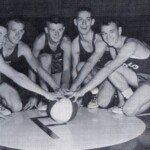 The five varsity starters pose before the first home game of the 1959-60 season. L to R Glen Richardson, D.R. Wheeler, Carl Yahnig, Joe Frank Minton and Jimmy Young.
This team suffered through a terrible year but these players would go on to become the last great varsity team in Ferguson history. For three years the Ferguson varsity had losing seasons while these kids came up through the lower grades. During the 1959-60 season they were still too young but were pulled up to the varsity anyway. In December they would lose so badly their coach would be replaced on New Year's Day. This could have been a disaster, but the new coach as of January was a 23 year old kid fresh out of college who had coached one year at Burnside. He was Herb Childers. The team began to win a few games in January and February but still finished below .500. However, Childers was installing his system. As sophomores these players would win more than half their games and as juniors and seniors they would dominate the county and the region. The five varsity starters pose before the first home game of the 1959-60 season. L to R Glen Richardson, D.R. Wheeler, Carl Yahnig, Joe Frank Minton and Jimmy Young. This team suffered through a terrible year but these players would go on to become the last great varsity team in Ferguson history. For three years the Ferguson varsity had losing seasons while these kids came up through the lower grades. During the 1959-60 season they were still too young but were pulled up to the varsity anyway. In December they would lose so badly their coach would be replaced on New Year's Day. This could have been a disaster, but the new coach as of January was a 23 year old kid fresh out of college who had coached one year at Burnside. He was Herb Childers. The team began to win a few games in January and February but still finished below .500. However, Childers was installing his system. As sophomores these players would win more than half their games and as juniors and seniors they would dominate the county and the region.