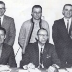 Board 1965-67. Front L to R : Board Chairman Ralph Duncan, Supt. Herbert T. Higgins, John Minton. Rear L to R: Dudley Yahnig, Jerry Muse, John Burton. This was a very controversial board. They presided over Ferguson when the state decided to close it, much against the will of anyone at Ferguson. Over the 1966-67 school year they were in a constant battle over financing, laws and administrative maneuvers. Some said had they been more clever they might have kept the school open. But they were faced with a declining tax base, declining enrollment and the determination of state administrators to close as many small independent schools as possible. Ralph Duncan may have been the greatest school board chairman in the 60 year history of Ferguson School, but he was fighting a losing battle, and there were people in Pulaski County who were working to undermine everything these men did. In April of 1967 Duncan resigned in frustration as it became official that the school was lost, and the state mandated that the board develop a one year plan to phase out the high school. This was thus the last board the high school ever had.
