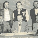 The Ferguson Board of Education during the mid 1950s. Longtime Ferguson resident Ralph Duncan, who himself in the 1960s served on the board and eventually became chairman, believed this was the strongest superintendant and board the school ever had. They administered the school during the last years of its Golden Era, which ran from 1940 through 1960. During their tenure Ferguson was the strongest school in the region academically, athletically and financially. It was almost more like a private academy than a public school. From Left to Right, front, are Chairman Lee Vaughn, Superintendant Orville Swearingen, and John Compton; rear Sanford Hamilton, Wayne Sears, and Claude Percellis. Orville Swearingen was twice named Kentucky's Outstanding Superintendant. Longtime Ferguson teachers and adults insisted that had they been able to keep Swearingen for another decade or two, the school would never have gone into decline. His philosophy was that a small school was the best school because of the individual attention each child could receive, and he made sure every teacher gave every child that attention. He interviewed as far away as Atlanta and only hired the very best.