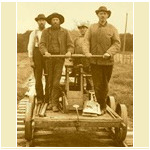 L to R Front Muse and Yahnig, Rear Helton and Minton (no first names available) in April 1909 on the main line South of Elihu. These are adults, but later many Ferguson high school graduates or even dropouts often began their railroad careers as "gandy dancers." Four man crews operating out of the Ferguson Yard maintained the rails south to the Tennessee state line and north to Stanford. They would hand crank this little machine along the track, checking proper alignment, ballast, tie quality, and other details. When they found anything amiss, they would dismount and repair it. if they found problems with bridges, road crossings or tunnels they would return to the Yard and file a work order for a major crew to proceed to the area and make the repairs. A Ferguson gandy dancer worked seven 10 hour days a week, but started at $6000 a year when the average American male earned $4000 - $5000 a year.